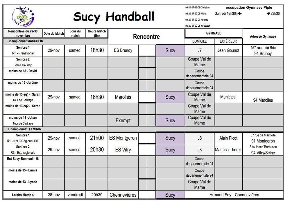 Planning du 29-30 novembre