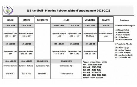 Planning entrainements rentrée 